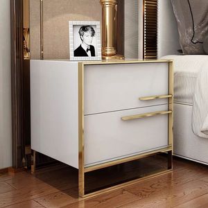 Modern Minimalist <b>Bedside</b> Table White Glass Gold Frame Bedroom <b>Storage</b> Nightstand - Product Image 2