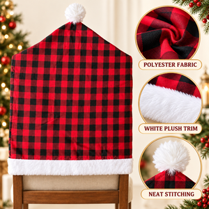 Décorations de Noël en gros, housse de chaise personnalisée <span class=keywords><strong>avec</strong></span> logo, en polyester, pour les fêtes, les hôtels, rouge et noir, à carreaux Buffalo, <span class=keywords><strong>avec</strong></span> motif chapeau de Père Noël - Product Image 6