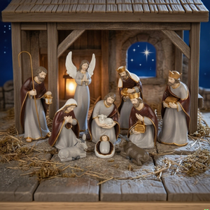 Crèche en résine détaillée avec la Sainte Famille, les Anges et les Trois Rois Mages, Décoration de table de Noël religieuse traditionnelle - Product Image 1