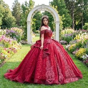 Vestido de noche rojo Mc038 con cordones en la espalda, adornos de lentejuelas y borlas, apliques de encaje, vestido de quinceañera Jancember - Product Image 1