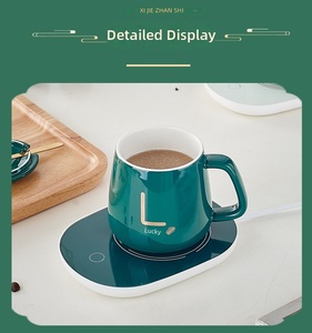 Wisteria Custom Logo Embossed Ceramic Mug <strong>Gift</strong> Set Constant Temperature Heating Coaster Lid Spoon-Luxury Green Box for <strong>Gifts</strong> - Product Image 2