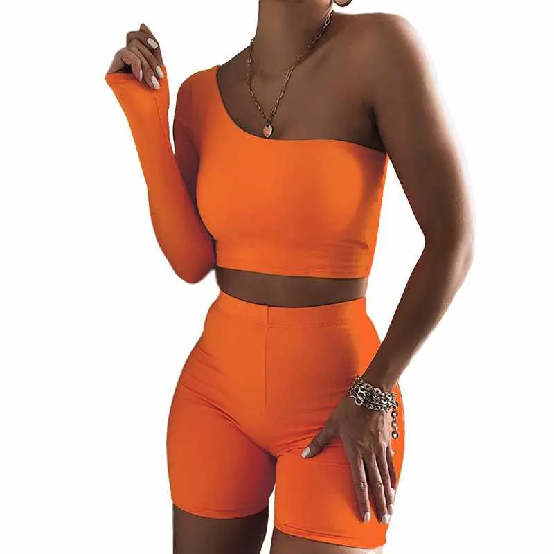 Solid Asymmetrical Two Piece Sets Women Tracksuit Crop Tops+Elastic Bike Shorts Sporty Matching Suits Casual Female Outfit
