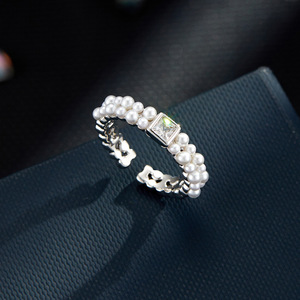 Faux Pearl Double Row <b>Open</b> <b>Ring</b> Geometric Shape Bezel Setting Adjustable Index Finger <b>Ring</b> Everyday Wear - Product Image 4