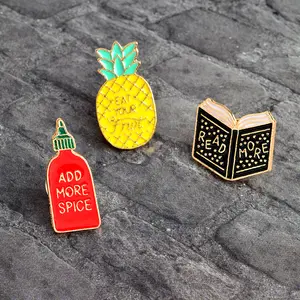 Rts collar decoration gold plated book pineapple fruit shaped soft enamel lapel pin in stock