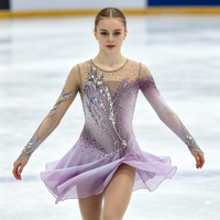Robe de patinage artistique pour adultes et enfants, dégradé lavande, maille, manches longues, strass, dos en V, costume de patinage pour performance et compétition