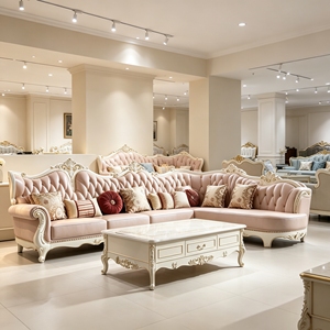 Divano Sezionale in Legno Massello Intagliato Stile Europeo di Lusso, Divano a L in Pelle per Soggiorno di Villa, Hall di Hotel, Arredamento <span class=keywords><strong>Casa</strong></span> - Product Image 2