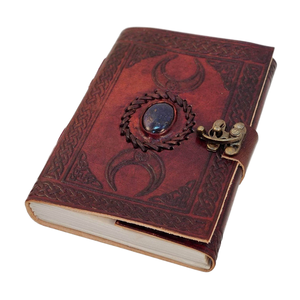 Carnet de notes vintage en cuir à couverture rigide, à feuilles mobiles, avec motif triple lune et pierre de cristal Troisième Œil – Carnet de croquis vierge pour voyages - Product Image 1