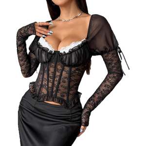 Corset Bustier en Dentelle Personnalisé 2026 pour Femme, Manches Longues, Transparent, Coupe Moulante, Décolleté Cœur, Tenue de Soirée Noire - Product Image 1