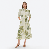 Robe midi pour femme personnalisée, vert ivoire, à rayures et imprimé botanique, col chemise, manches bouffantes, boutonnée sur le devant, taille nouée, coupe trapèze, vente en gros