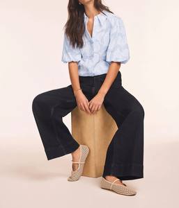 Blue Cotton Jacquard Solid & Floral Print Bubble Sleeve Turn-<b>down</b> Collar Elegant Women's Blouse Anti-Pilling Washable - Product Image 6