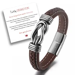 Trendy Braided Bracelets Men Stainless Steel Charm Leather Bracelets To My Son Grandson Fashion Jewelry Bracelets