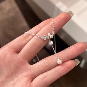 Collier pendentif oreilles de lapin en argent massif S925, design minimaliste, chaîne de clavicule chic pour femmes, bijoux de niche quotidiens en perles - Product Image 2