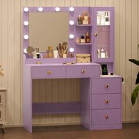 Coiffeuse de chambre moderne et durable en bois, réglable, avec miroir et éclairage, 5 tiroirs, prise électrique et chaise