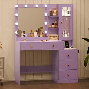 Moderno y Duradero Tocador <span class=keywords><strong>de</strong></span> Madera Ajustable para Dormitorio con Espejo, Luces, Mesa <span class=keywords><strong>de</strong></span> <span class=keywords><strong>Maquillaje</strong></span>, 5 Cajones, Enchufe y Silla - Product Image 2