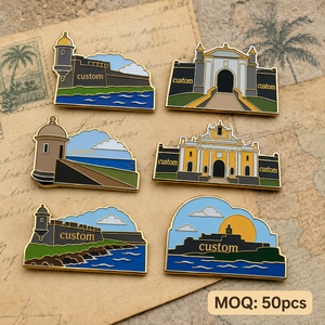 Pin de solapa de metal esmaltado personalizado al por mayor, con diseño del Fortín de San <span class=keywords><strong>Juan</strong></span>, insignia del sitio histórico de Puerto Rico, recuerdo de arquitectura caribeña - Product Image 1