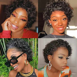 Prix de gros <span class=keywords><strong>13x1</strong></span> dentelle coupe lutin perruque Remy cheveux bouclés perruque courte dentelle transparente pour les femmes noires - Product Image 3