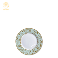 Service de table en céramique bleu turquoise avec motifs floraux dorés, vaisselle en porcelaine fine pour événements et traiteurs