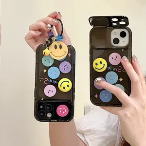 3D可爱纸箱微笑手机套，带链，适用于iPhone 14 13 Pro Max豪华化妆手机套，带表带，适用于iPhone 14微笑套