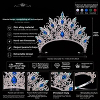 Couronne de paon entièrement sertie de diamants bleus et verts, de fabrication artisanale, style Europe-Amérique, en zinc, pour mariée