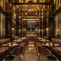 Meubles de restaurant sur mesure Ron Group, table carrée en bois, ensemble de chaises brunes, sièges en cuir