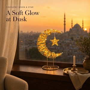 Lampe <span class=keywords><strong>LED</strong></span> Chaude en Forme de Croissant de Lune et Étoile pour l'Aïd du Ramadan, Petite, en Bois Tressé avec <span class=keywords><strong>Ruban</strong></span> Ambré, Réutilisable, Durable, à Piles AA, Décoration Lumineuse Féerique - Product Image 4