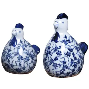 中式仿古工艺品蓝白母鸡陶瓷饰品