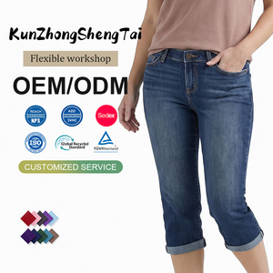 Jeans Anchos <span class=keywords><strong>para</strong></span> Mujer, Cintura Media, Puño Enrollado, <span class=keywords><strong>Pantalones</strong></span> Capri de Mezclilla, Jeans Cortos Casuales hasta la Rodilla <span class=keywords><strong>para</strong></span> Damas - Product Image 1