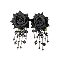 Pendientes de Flores de Rosa Tridimensionales Coloridos de Estilo Europeo y Americano, Pendientes Largos de Tela Fresca con Borlas