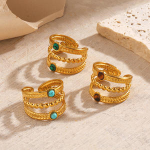 Anillos Ajustables de Piedra Ojo de Tigre Turquesa Retro de Moda para Mujer, Anillo de Boda Multicapa de Acero Inoxidable Personalizado Simple - Product Image 3