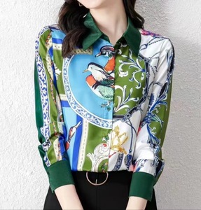 Blus Vintage musim gugur wanita, kaus blus desain bunga lengan panjang cetak bunga burung - Product Image 4