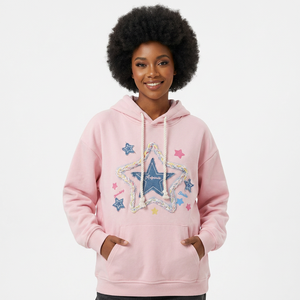 Sudadera con Capucha Extra Grande Rosa, de Felpa, con Diseño de Estrella Bordada, Estilo Casual, Unisex - Product Image 6