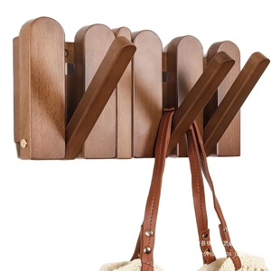 Perchero de pared de madera maciza, plegable, con doble gancho, color marrón, para entrada, con ganchos de almacenamiento para el hogar, apartamentos de alquiler. - Product Image 5