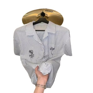 Camisa de manga corta bordada a rayas con cuello cubano <span class=keywords><strong>para</strong></span> hombre, novedad de verano, cuello Polo, informal, estilo novio BF, camisa de pareja - Product Image 5