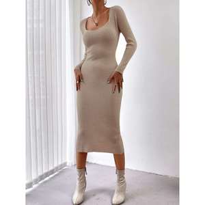 Vestido midi de punto acanalado con cuello cuadrado color caqui talla XS para mujer - Product Image 6