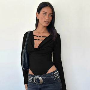 บอดี้สูทคอวีประดับลูกปัด แขนยาว กระชับรูปร่าง เอวสูง สีดำ ดีไซน์หรูหราทันสมัย - Product Image 3