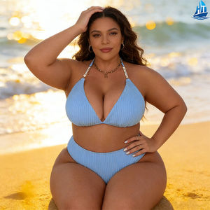 Ensemble bikini <span class=keywords><strong>2</strong></span> pièces grande taille pour femme, soutien-gorge triangle col en V, bas taille haute, perles, tissu côtelé, maillot de bain - Product Image 2