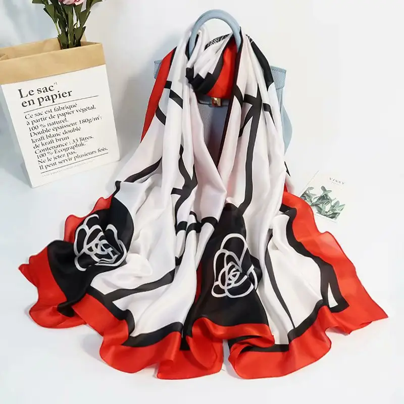 2021 latest design women shawls muslim hijab Europe luxury brand India soft material line cc camellia flower printed silk scarf