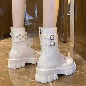2024 Fashion Leisure PU Leather Lace <strong>up</strong> <strong>Zip</strong> <strong>up</strong> Roman Calf High Chunky <strong>Boots</strong> Womens <strong>Boots</strong> - Product Image 3