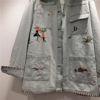 Veste en jean brodée pour femme, collection Printemps 2026, style oversize, boutonnée, avec poches plaquées, motif floral folklorique, mignonne, coupe ample et décontractée, vente en gros
