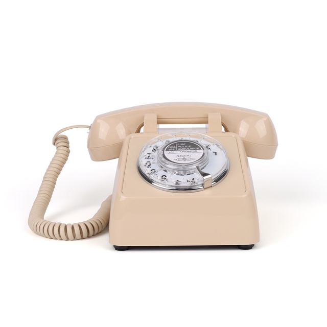 Beige Square Retro Corded Landline Telephone Mechanical Rotary Dial Analog PSTN Desk Phone