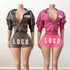Ensemble de vêtements de sport pour femmes, sweat à capuche et short en coton French Terry à fermeture éclair, logo personnalisé - Product Image 1
