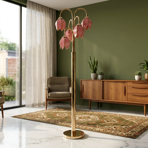 Lámpara de Pie Decorativa para Entrada con Base Dorada y Flores de Cristal Rosa - Product Image 1