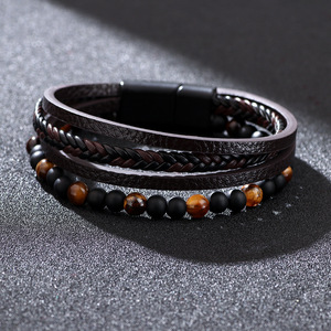 Men's Woven Tiger Eye Stone Magnetic Clasp <b>Bracelet</b> With Natural Stone And Pu <b>Leather</b> Vintage Style Jewelry Gift - Product Image 2