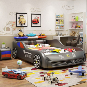 Lit de voiture moderne pour enfants avec roues lumineuses LED et fonction de rangement, lit de voiture de course rembourré pour garçons - Product Image 3
