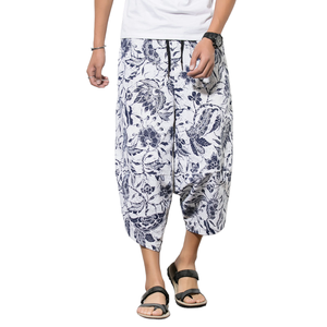 Nouveau style d'été pour hommes, sarouel en <span class=keywords><strong>lin</strong></span> et coton à 7 points, couleur unie, décontracté, coupe ample, grande taille moyenne, bermuda - Product Image 2