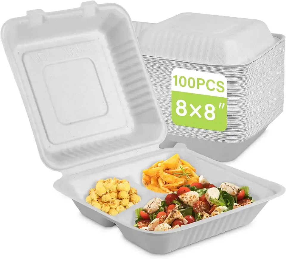 Embalagem moldada de polpa de bagaço para viagem, lancheira biodegradável descartável com logotipo personalizado para cachorro-quente e hambúrguer, comida rápida
