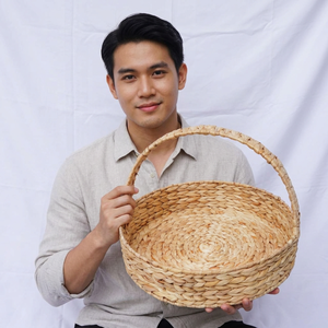SELA L Handmade Water Hyacinth Round <b>Tray</b> Basket Natural Woven Serving Basket Eco Friendly Home Decor Organizer With Handle - Product Image 3