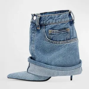 Size 45 Custom Denim Short Pants Boots Thin High Heels Pointed Toe Overlay Ankle Booties Wide Top Women's Trend Folded Shoes