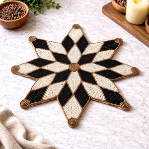 Embroidered Geometric Star <b>Table</b> <b>Runner</b> Bohemian Home Decor Washable Handmade <b>Placemat</b> Black White Brown Pattern - Product Image 1