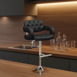 Tabouret de bar réglable noir et chromé avec siège capitonné et accoudoirs, design moderne et contemporain pour utilisation à domicile ou au bar - Product Image 2